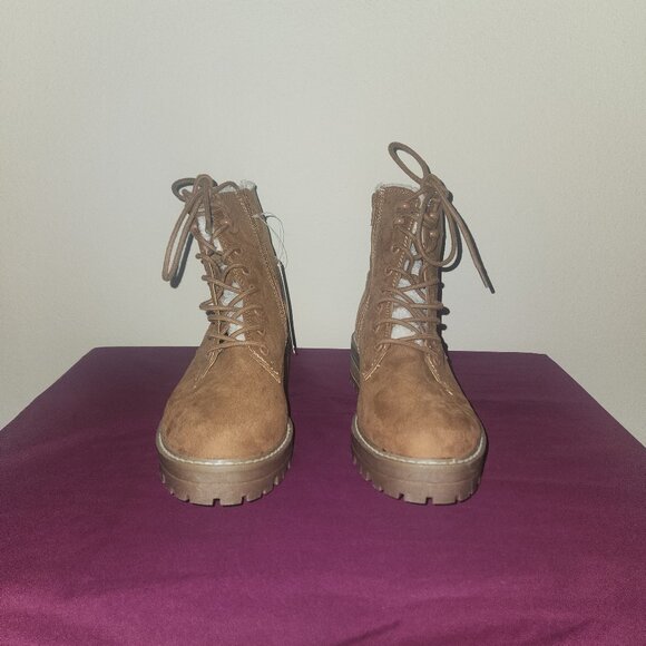 Universal Thread Tessie Sherpa Hiking Boots Faux Suede Leather Cognac Size 7 - Picture 2 of 8